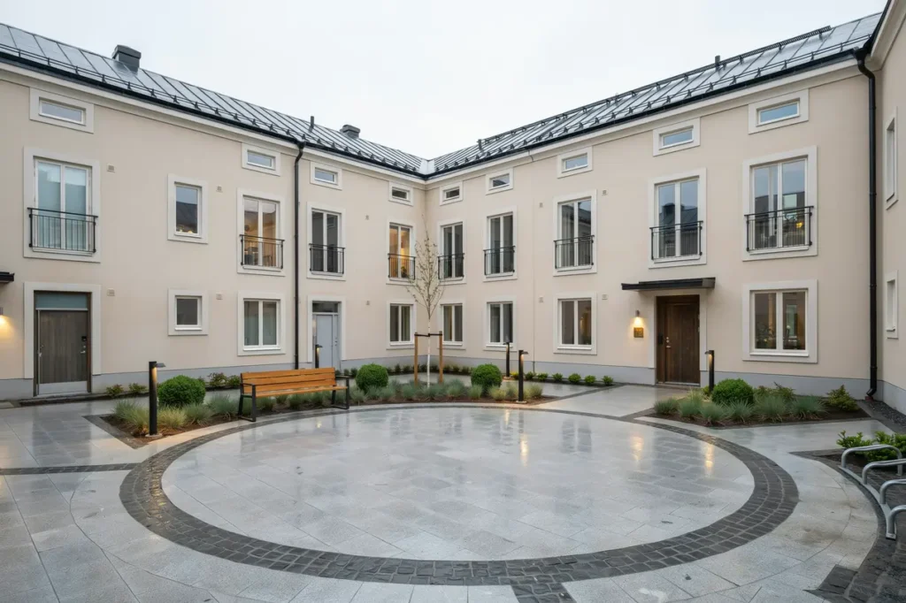 anl ggning av cirkelformad g rdsplats med marksten i baggeby liding