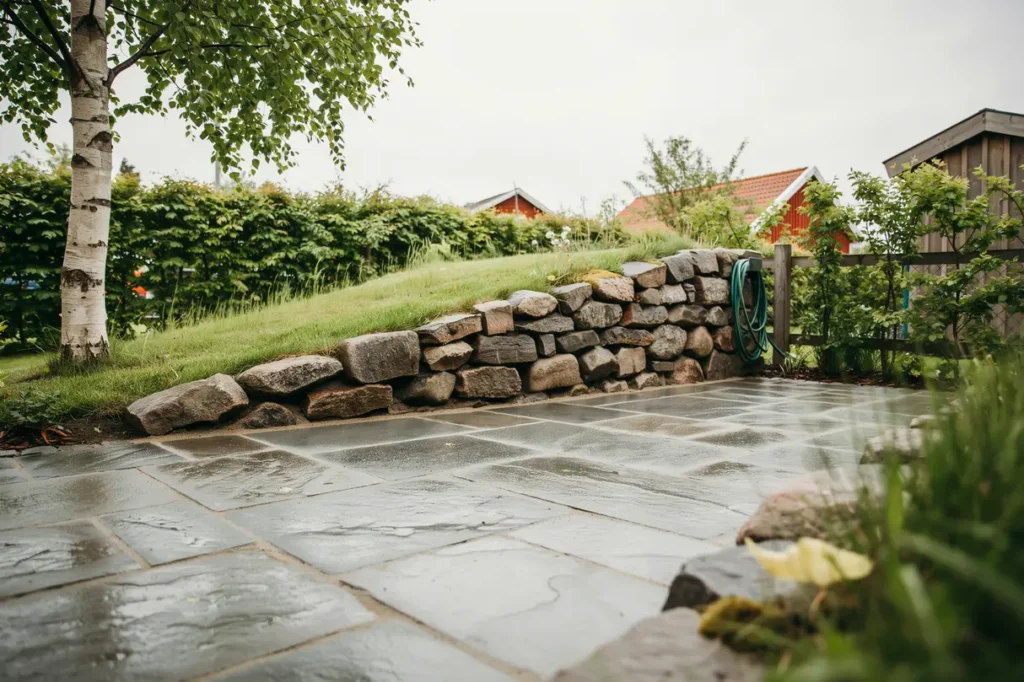 stens ttning av terrass och mur runt sl nt i rudboda